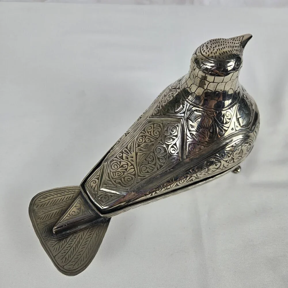 Vintage Silver Aluminum Bird Box Carved Florals and Swirls Tri-Legged Decor